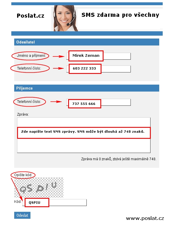 Obrázek formuláře pro posílání SMS zdarma