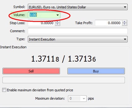 obrázek order Metatrader 4 - zádání lotu